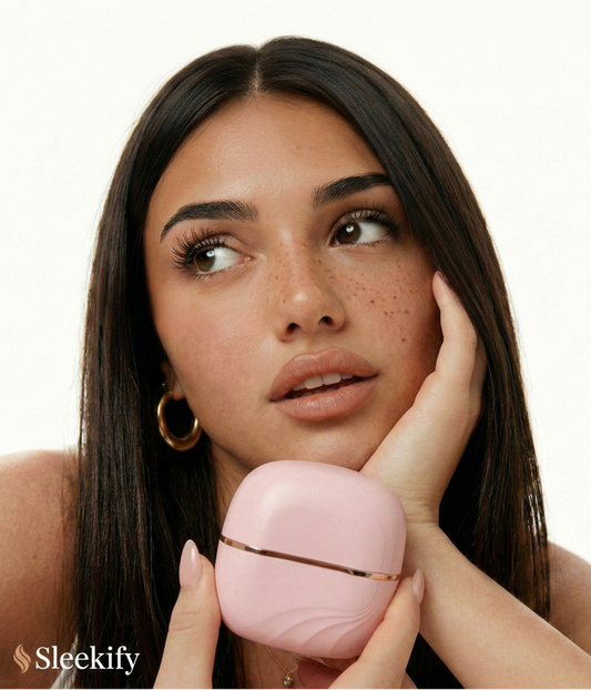 Woman holding a Hair Straightener near her face with 'Sleekify' branding.